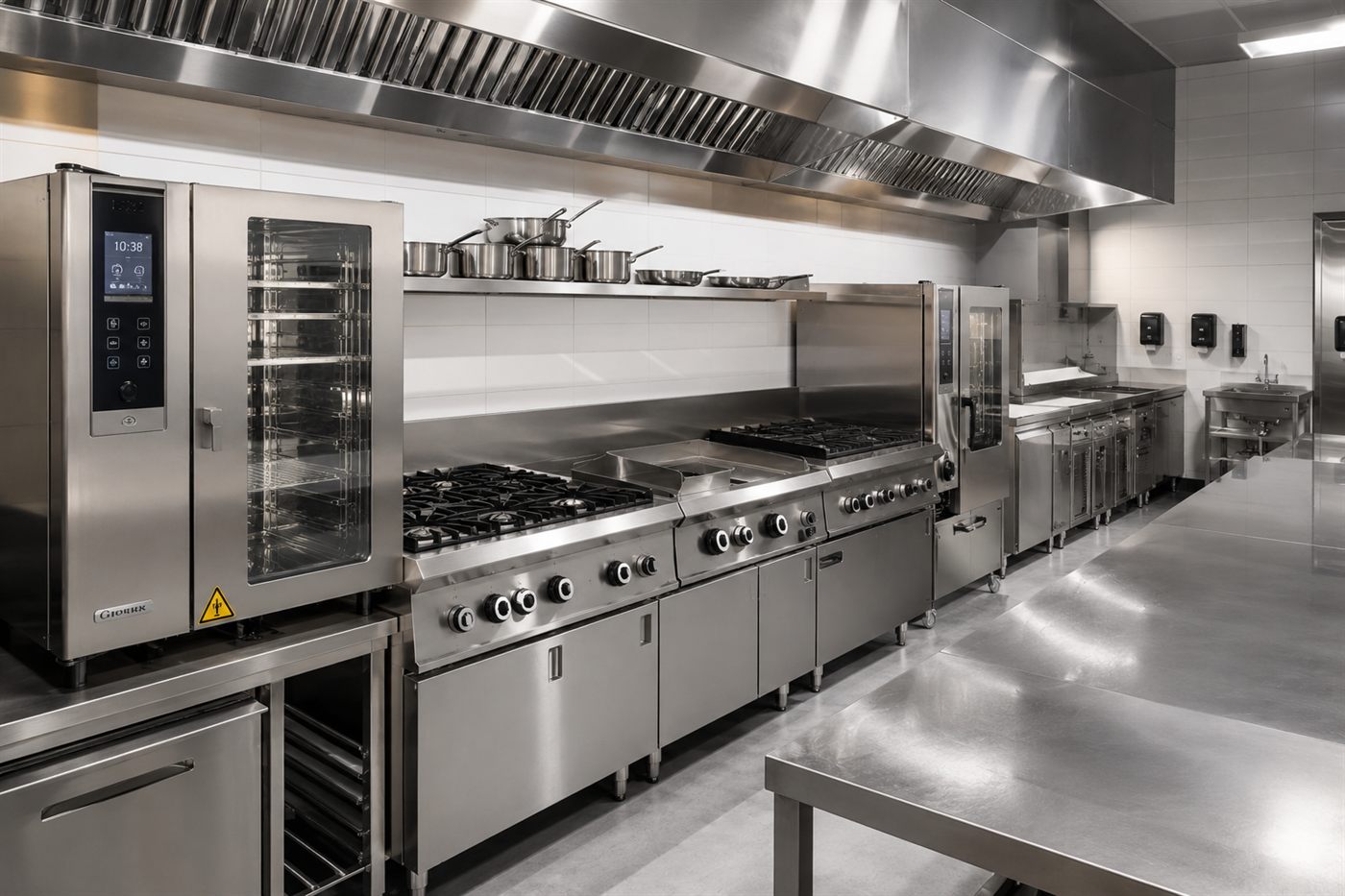 Cozinha central da ReciFoods equipada com fogões industriais e forno combinado